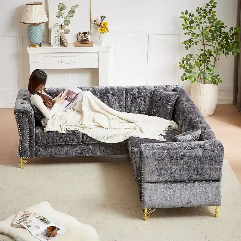 81.5 Chesterfield Chenille L-förmiges Ecksofa mit getufteter Rückenlehne