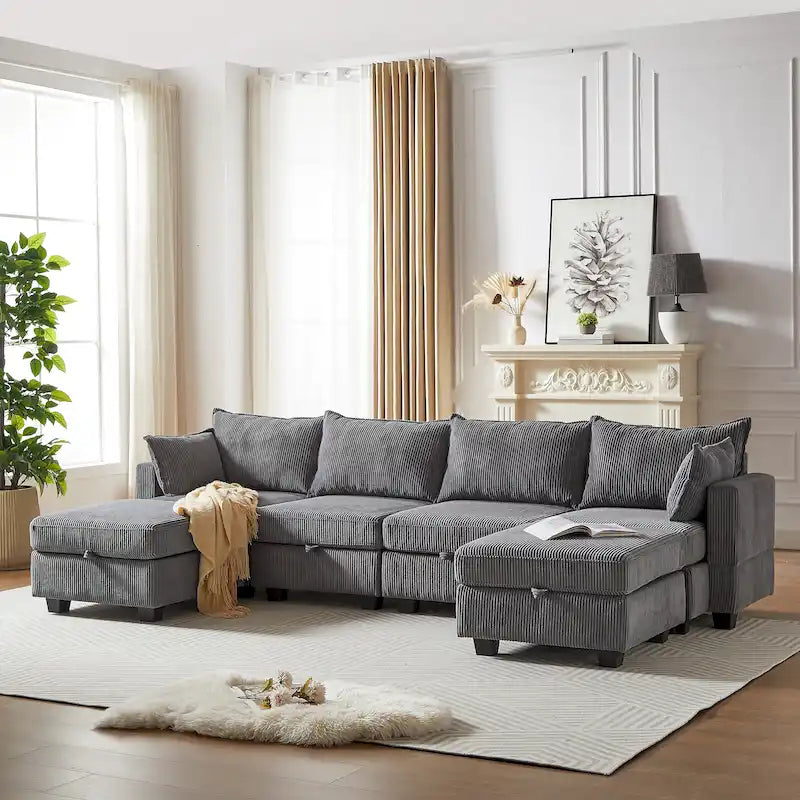 6-teiliges wandelbares modulares Cord-Sofa mit Stauräumen, 2 abnehmbaren Ottomanen, freie Kombination