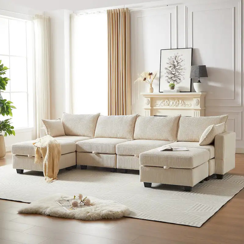 6-teiliges wandelbares modulares Cord-Sofa mit Stauräumen, 2 abnehmbaren Ottomanen, freie Kombination