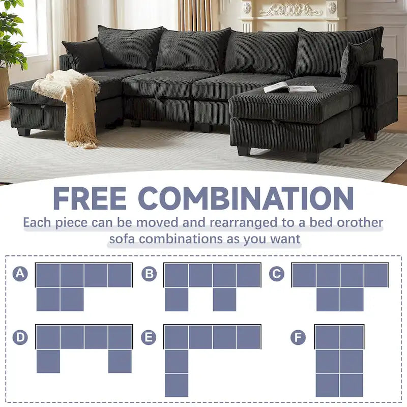 6-teiliges wandelbares modulares Cord-Sofa mit Stauräumen, 2 abnehmbaren Ottomanen, freie Kombination