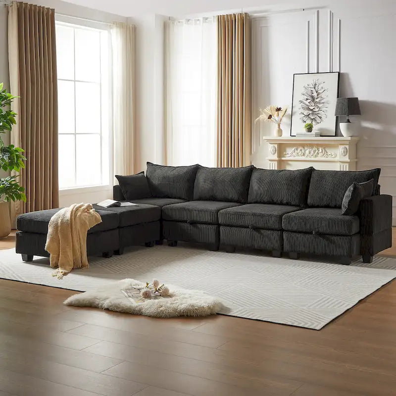 6-teiliges wandelbares modulares Cord-Sofa mit Stauräumen, 2 abnehmbaren Ottomanen, freie Kombination