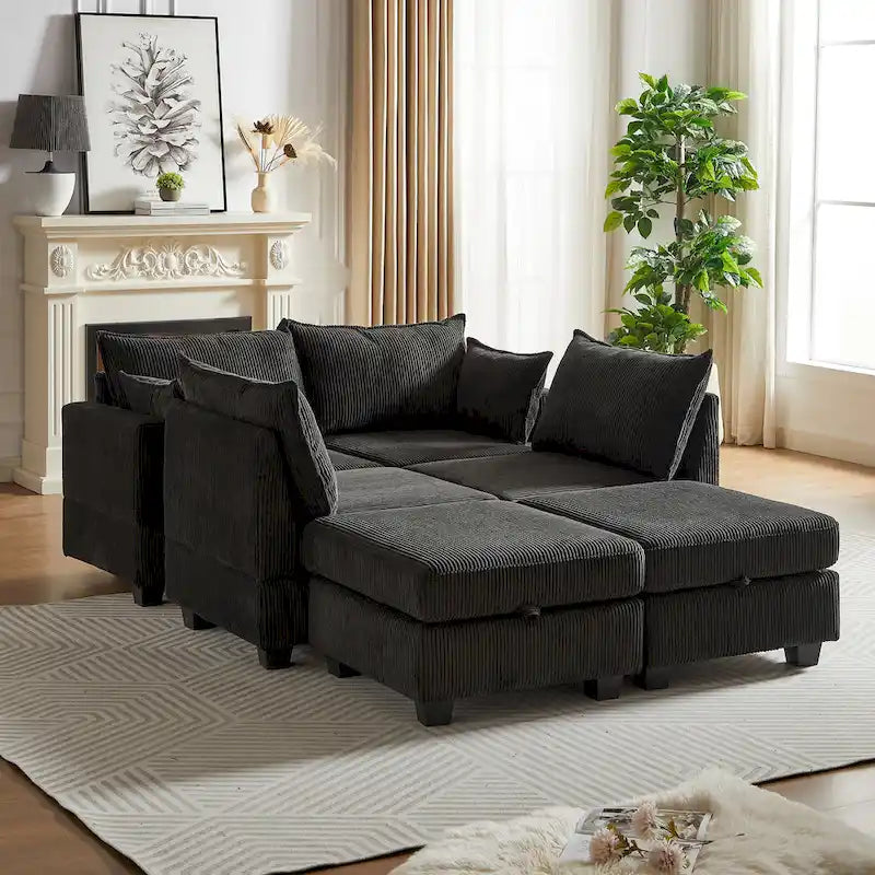6-teiliges wandelbares modulares Cord-Sofa mit Stauräumen, 2 abnehmbaren Ottomanen, freie Kombination