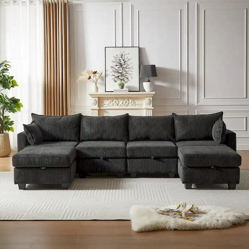 6-teiliges wandelbares modulares Cord-Sofa mit Stauräumen, 2 abnehmbaren Ottomanen, freie Kombination