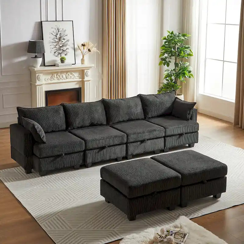 6-teiliges wandelbares modulares Cord-Sofa mit Stauräumen, 2 abnehmbaren Ottomanen, freie Kombination