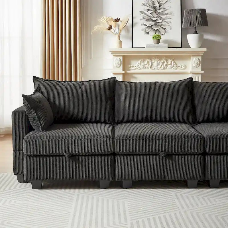 6-teiliges wandelbares modulares Cord-Sofa mit Stauräumen, 2 abnehmbaren Ottomanen, freie Kombination