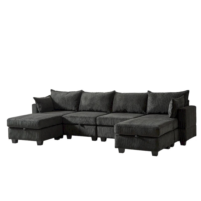 6-teiliges wandelbares modulares Cord-Sofa mit Stauräumen, 2 abnehmbaren Ottomanen, freie Kombination