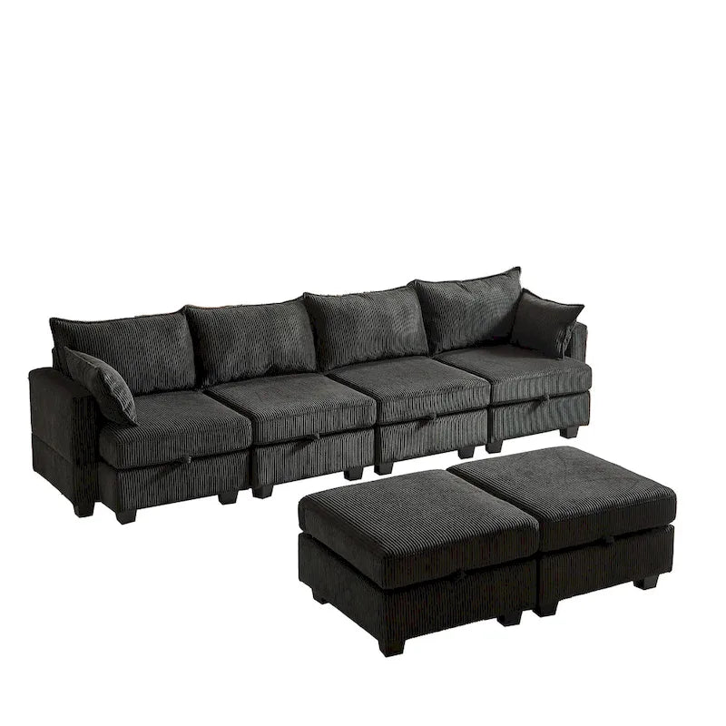 6-teiliges wandelbares modulares Cord-Sofa mit Stauräumen, 2 abnehmbaren Ottomanen, freie Kombination