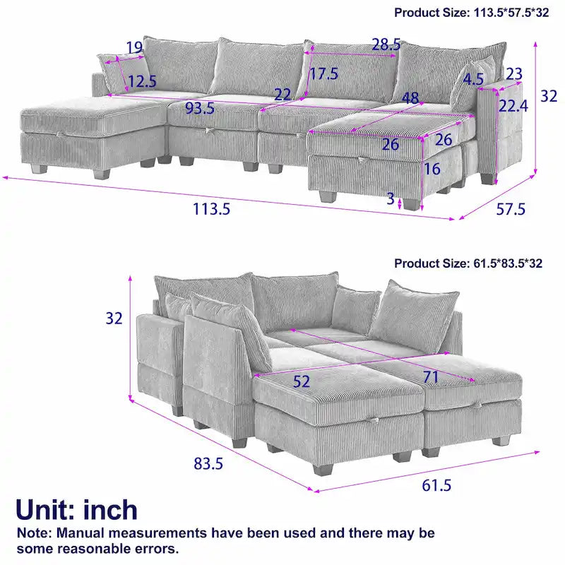 6-teiliges wandelbares modulares Cord-Sofa mit Stauräumen, 2 abnehmbaren Ottomanen, freie Kombination