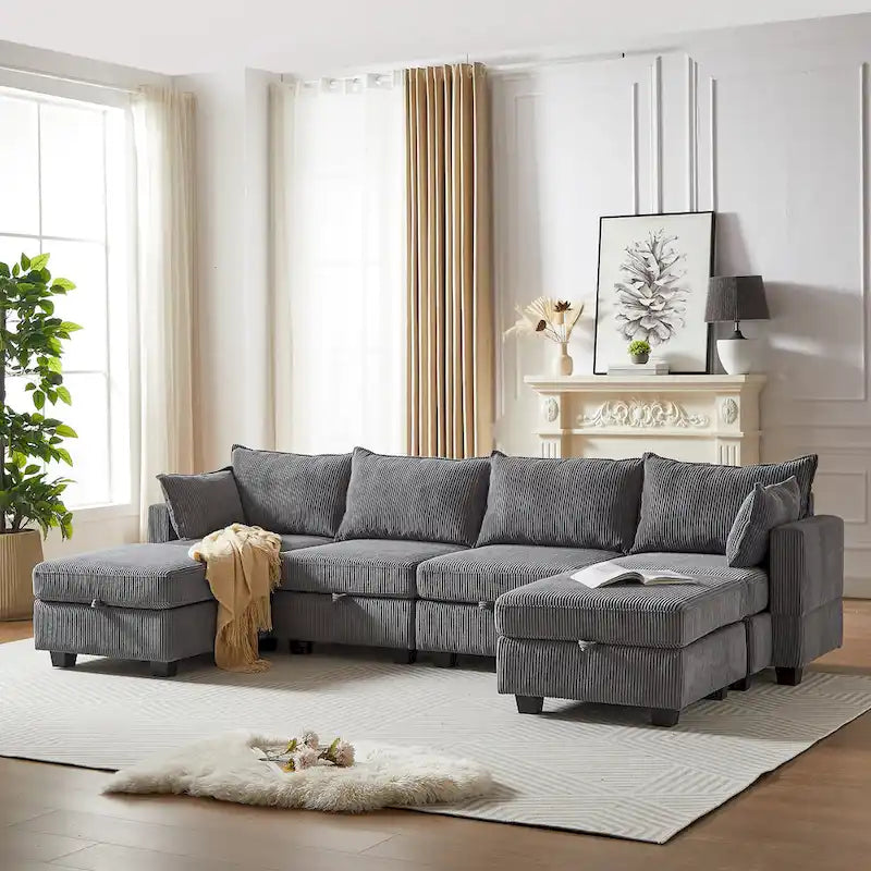 6-teiliges wandelbares modulares Cord-Sofa mit Stauräumen, 2 abnehmbaren Ottomanen, freie Kombination