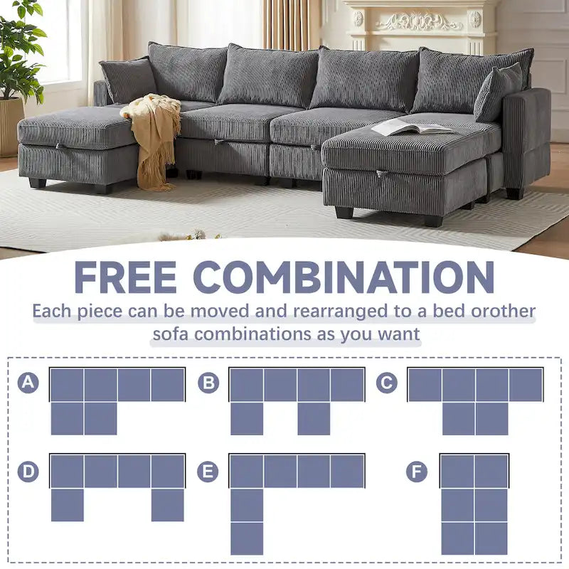 6-teiliges wandelbares modulares Cord-Sofa mit Stauräumen, 2 abnehmbaren Ottomanen, freie Kombination