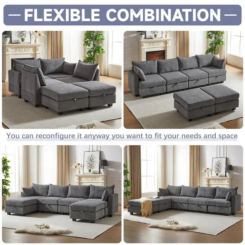 6-teiliges wandelbares modulares Cord-Sofa mit Stauräumen, 2 abnehmbaren Ottomanen, freie Kombination