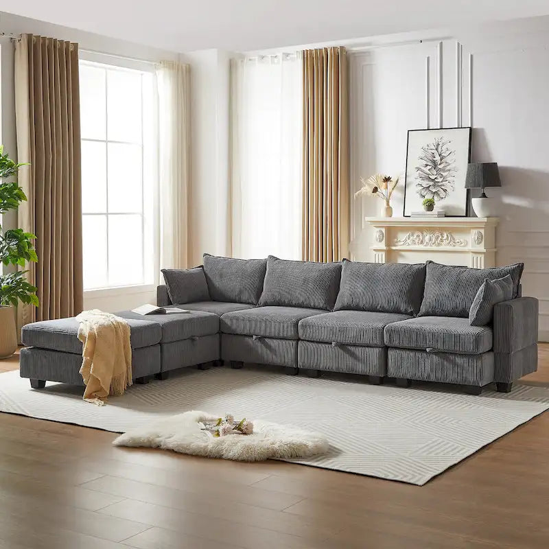 6-teiliges wandelbares modulares Cord-Sofa mit Stauräumen, 2 abnehmbaren Ottomanen, freie Kombination