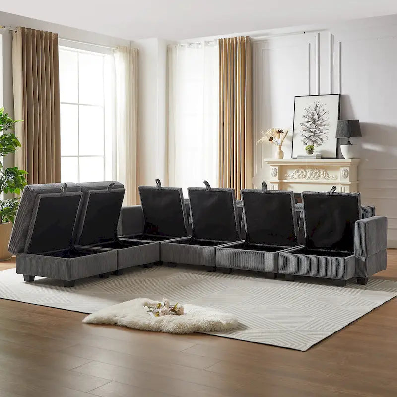 6-teiliges wandelbares modulares Cord-Sofa mit Stauräumen, 2 abnehmbaren Ottomanen, freie Kombination