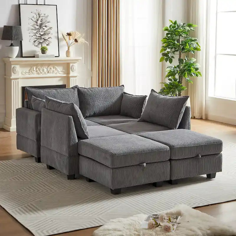 6-teiliges wandelbares modulares Cord-Sofa mit Stauräumen, 2 abnehmbaren Ottomanen, freie Kombination