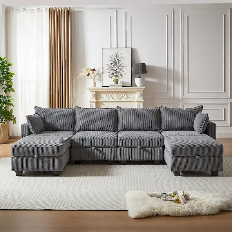 6-teiliges wandelbares modulares Cord-Sofa mit Stauräumen, 2 abnehmbaren Ottomanen, freie Kombination