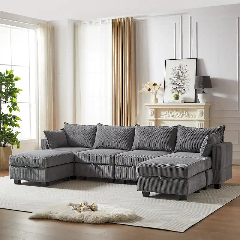 6-teiliges wandelbares modulares Cord-Sofa mit Stauräumen, 2 abnehmbaren Ottomanen, freie Kombination