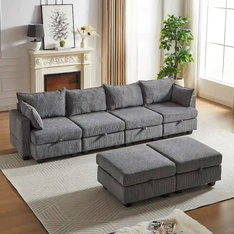 6-teiliges wandelbares modulares Cord-Sofa mit Stauräumen, 2 abnehmbaren Ottomanen, freie Kombination