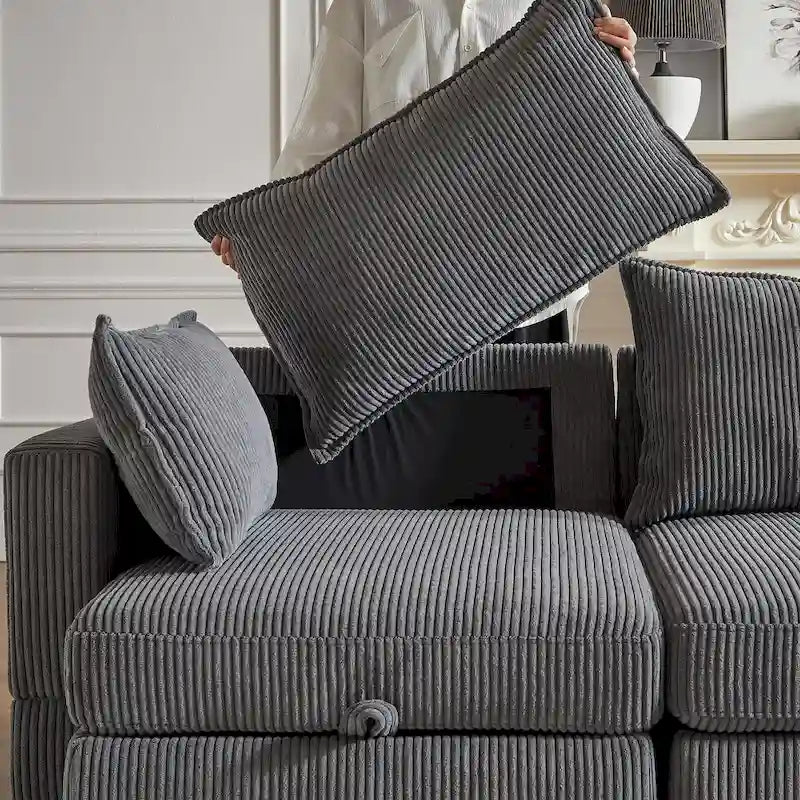 6-teiliges wandelbares modulares Cord-Sofa mit Stauräumen, 2 abnehmbaren Ottomanen, freie Kombination