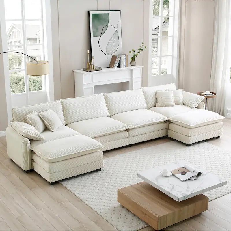 6-teiliges U-förmiges Cord-Modulsofa mit 2 Ottomanen