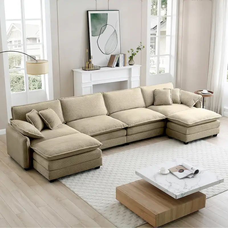 6-teiliges U-förmiges Cord-Modulsofa mit 2 Ottomanen
