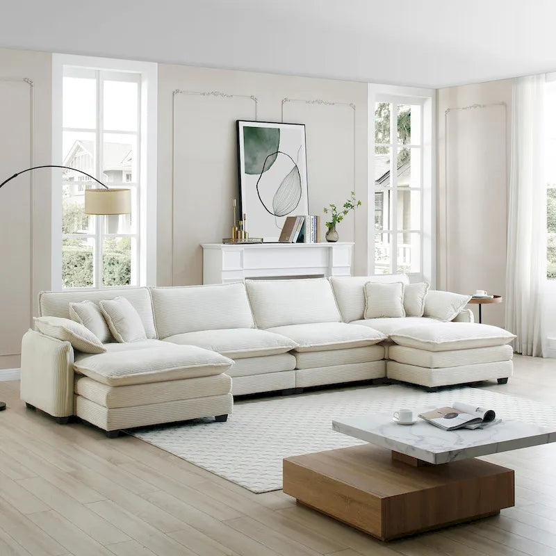 6-teiliges U-förmiges Cord-Modulsofa mit 2 Ottomanen