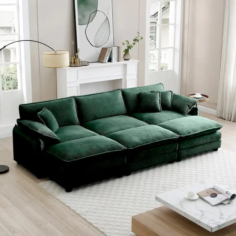 6-piece Corduroy Upholstered Modular Sleeper Sectional Sofa with 3 Removable Ottoman and 5 Pillows, Free Combination