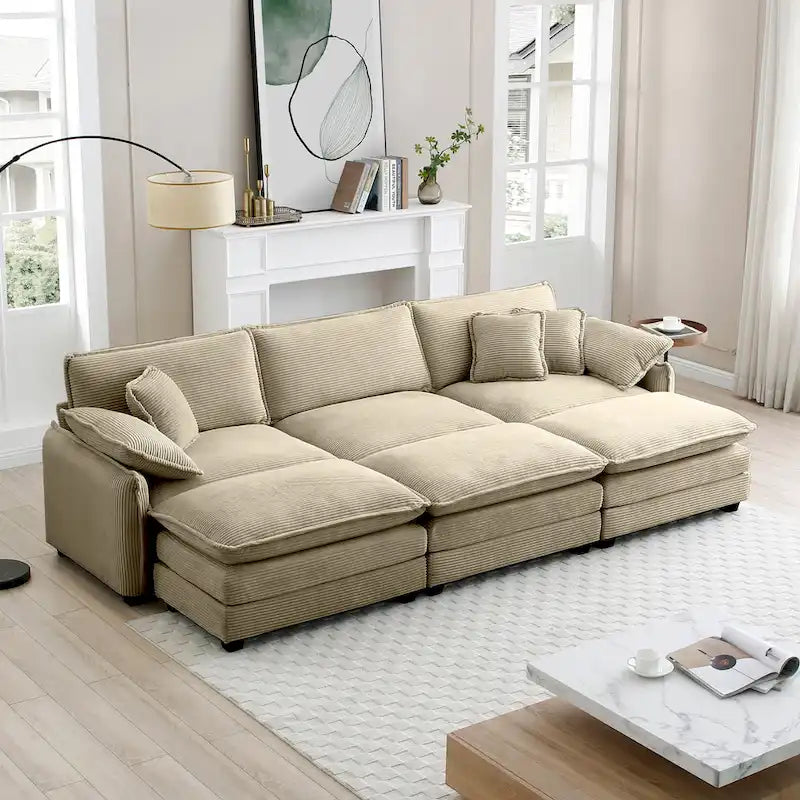 6-teiliges modulares Schlafsofa aus Kordsamt mit 3 abnehmbaren Ottomanen und 5 Kissen, freie Kombination