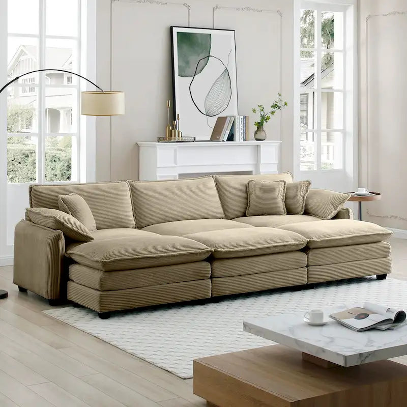6-teiliges modulares Schlafsofa aus Kordsamt mit 3 abnehmbaren Ottomanen und 5 Kissen, freie Kombination