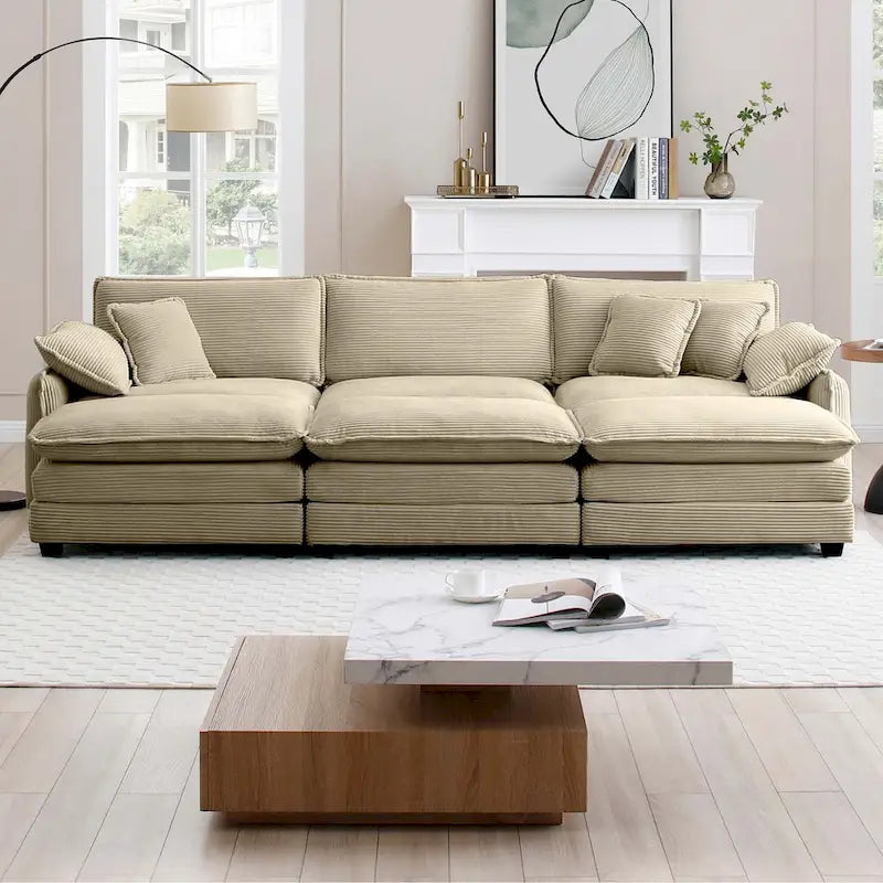 6-teiliges modulares Schlafsofa aus Kordsamt mit 3 abnehmbaren Ottomanen und 5 Kissen, freie Kombination
