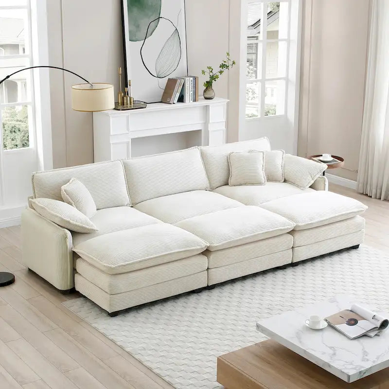 6-teiliges modulares Schlafsofa aus Kordsamt mit 3 abnehmbaren Ottomanen und 5 Kissen, freie Kombination
