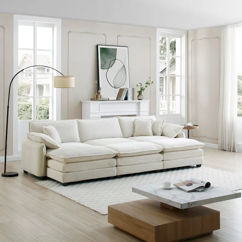 6-teiliges modulares Schlafsofa aus Kordsamt mit 3 abnehmbaren Ottomanen und 5 Kissen, freie Kombination