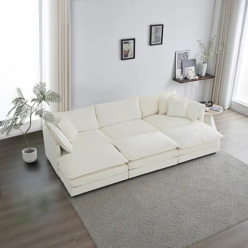 6-Sitzer U-förmiges Ecksofa mit 3 Hockern und Kissen