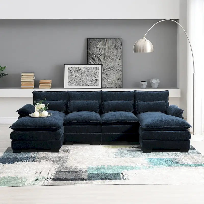 Blaues Chenille 6-Sitzer modulares U-förmiges Schlafsofa mit Chaiselongue