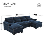 Blaues Chenille 6-Sitzer modulares U-förmiges Schlafsofa mit Chaiselongue