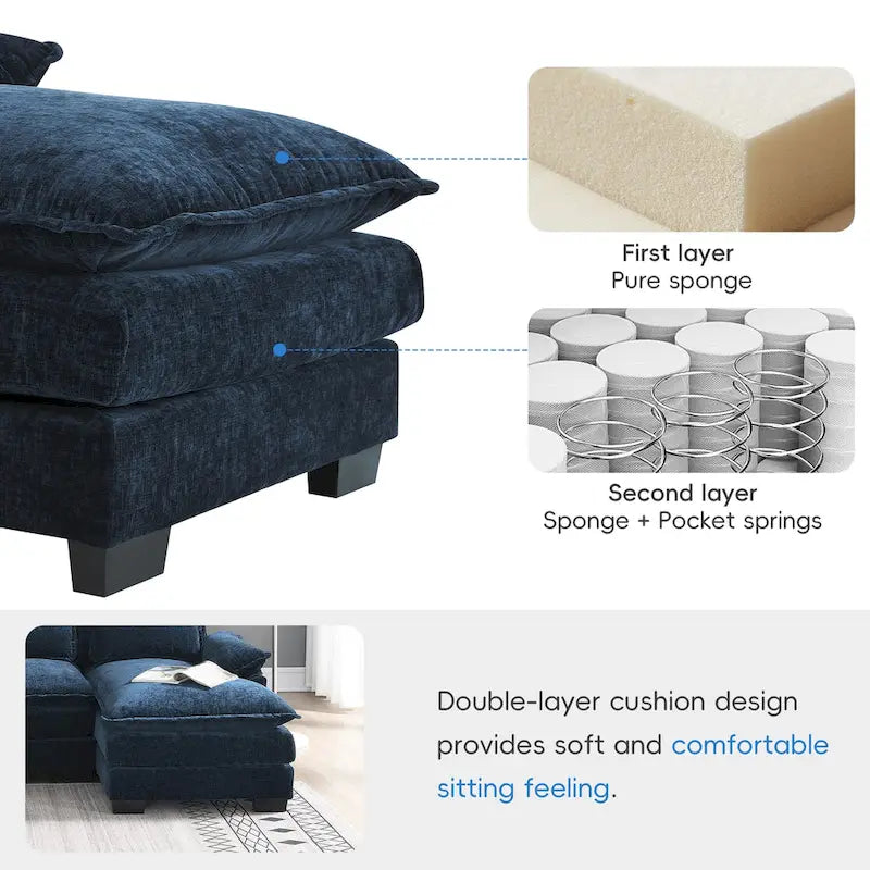 Blaues Chenille 6-Sitzer modulares U-förmiges Schlafsofa mit Chaiselongue