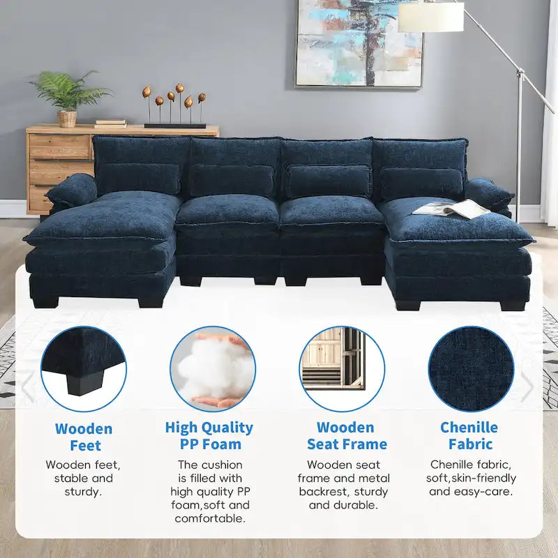 Blaues Chenille 6-Sitzer modulares U-förmiges Schlafsofa mit Chaiselongue