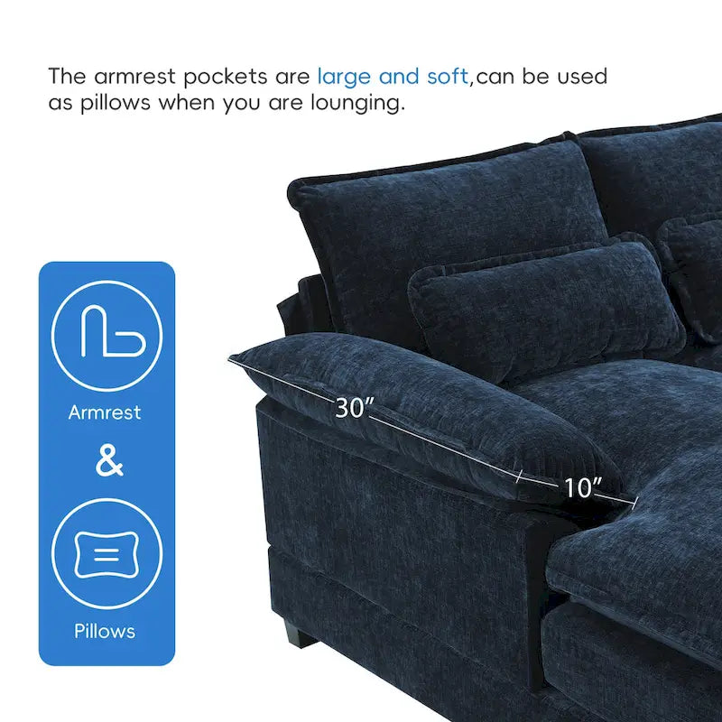 Blaues Chenille 6-Sitzer modulares U-förmiges Schlafsofa mit Chaiselongue