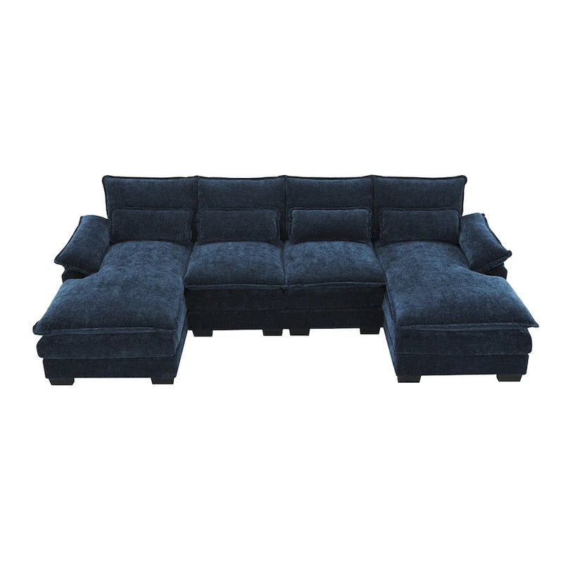 Blaues Chenille 6-Sitzer modulares U-förmiges Schlafsofa mit Chaiselongue