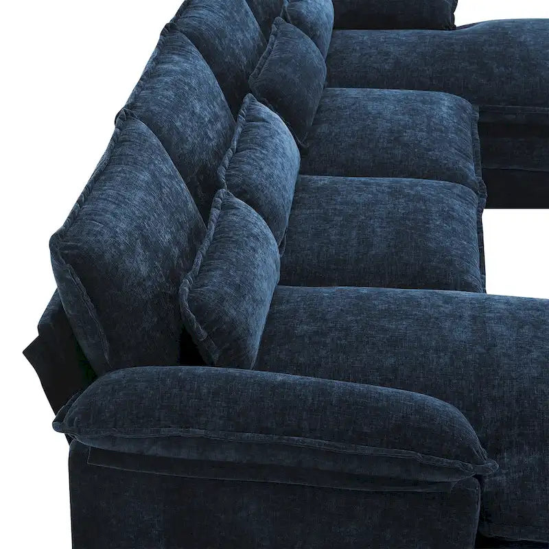 Blaues Chenille 6-Sitzer modulares U-förmiges Schlafsofa mit Chaiselongue