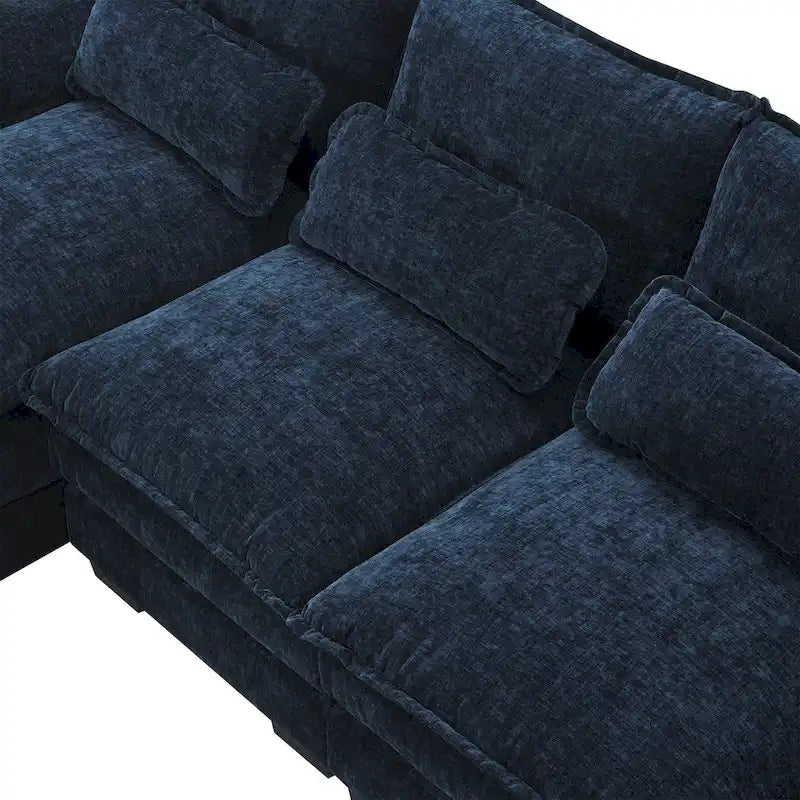 Blaues Chenille 6-Sitzer modulares U-förmiges Schlafsofa mit Chaiselongue