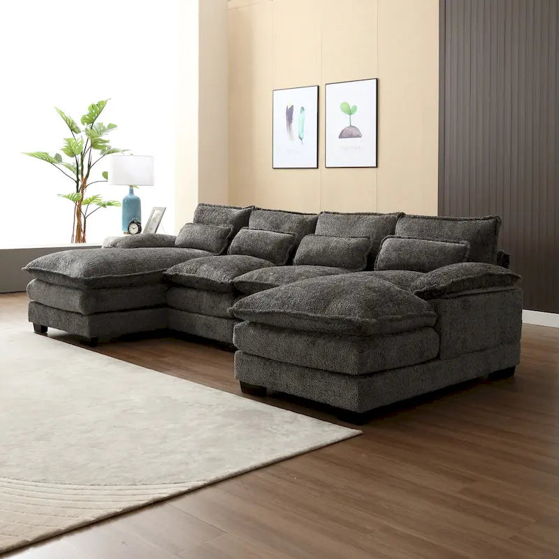 Graues modernes großes modulares U-förmiges Ecksofa mit abnehmbaren Kissen und Zierkissen