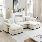 Beiges 5-teiliges Cord-Modulsofa in U-Form mit 2 Ottomanen
