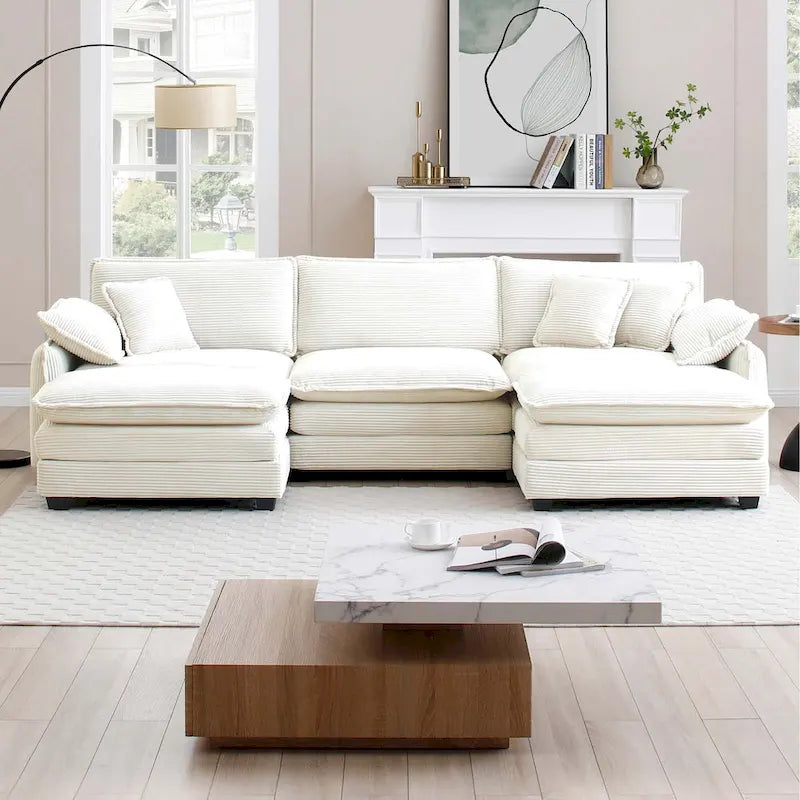 Beiges 5-teiliges Cord-Modulsofa in U-Form mit 2 Ottomanen