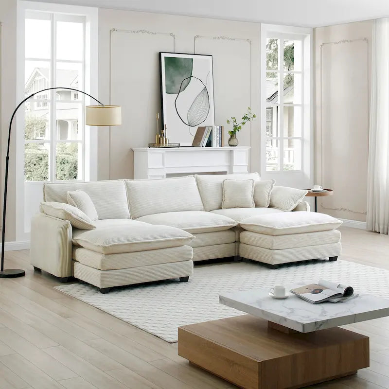 Beiges 5-teiliges Cord-Modulsofa in U-Form mit 2 Ottomanen