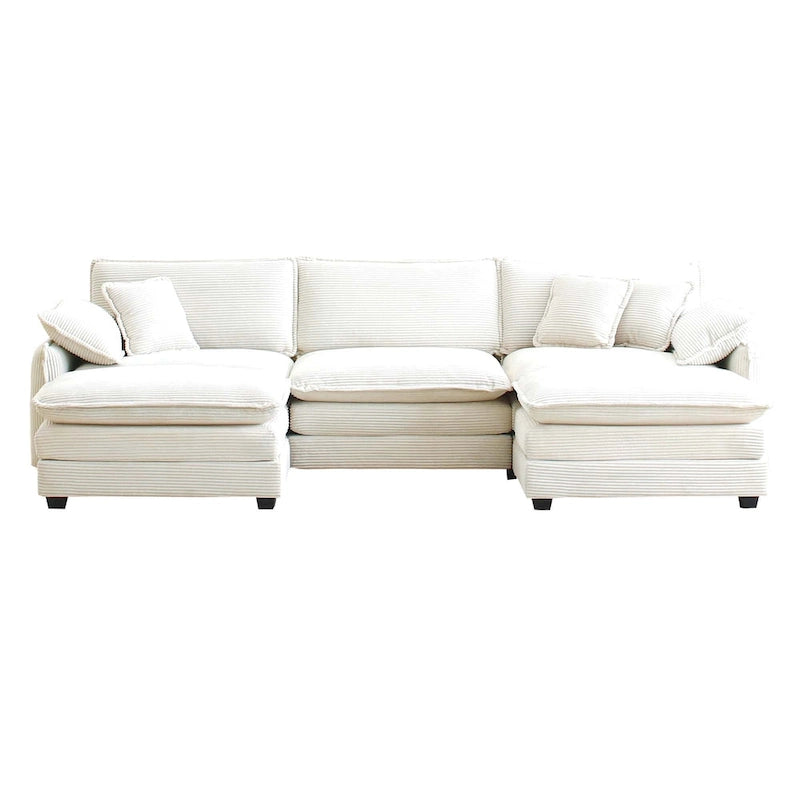 Beiges 5-teiliges Cord-Modulsofa in U-Form mit 2 Ottomanen