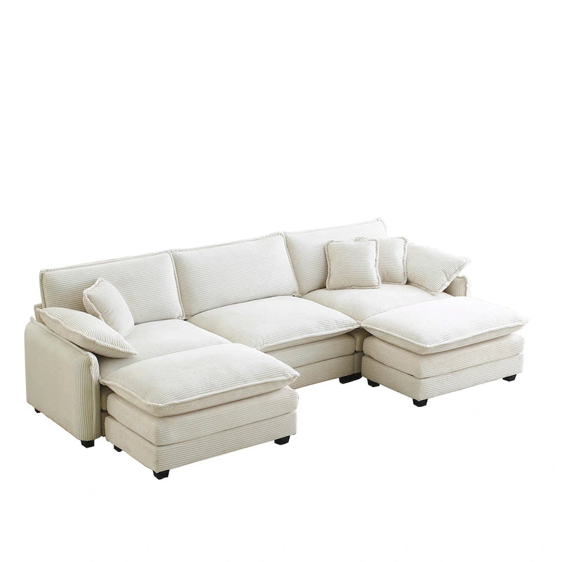 Beiges 5-teiliges Cord-Modulsofa in U-Form mit 2 Ottomanen