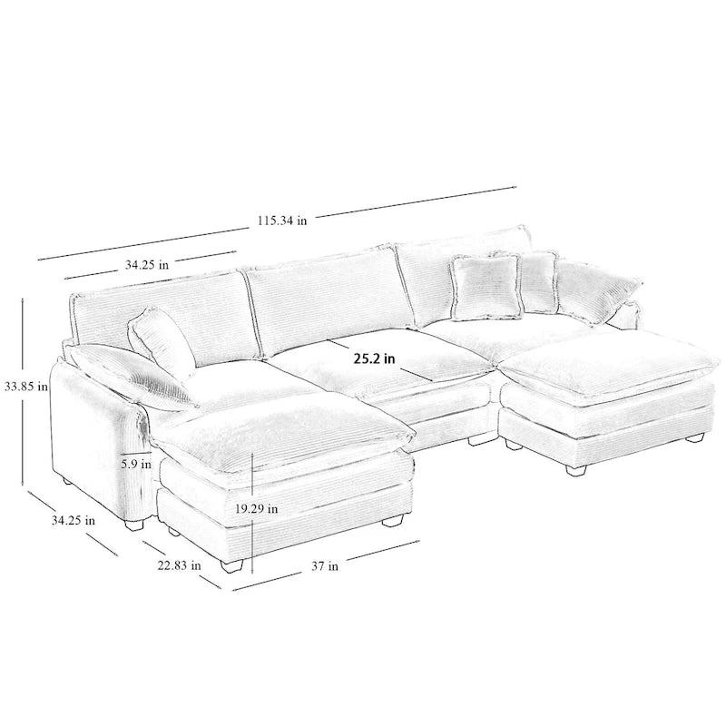 Beiges 5-teiliges Cord-Modulsofa in U-Form mit 2 Ottomanen