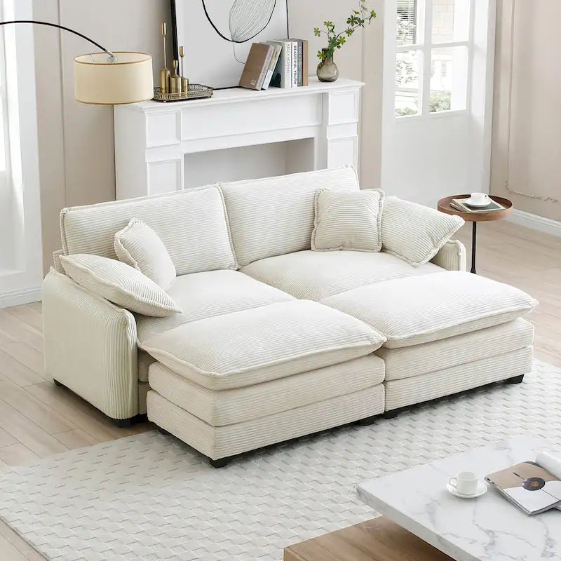 Beiges 4-teiliges modulares Cord-Schlafsofa mit 2 abnehmbaren Ottomanen und 4 Kissen, frei kombinierbar