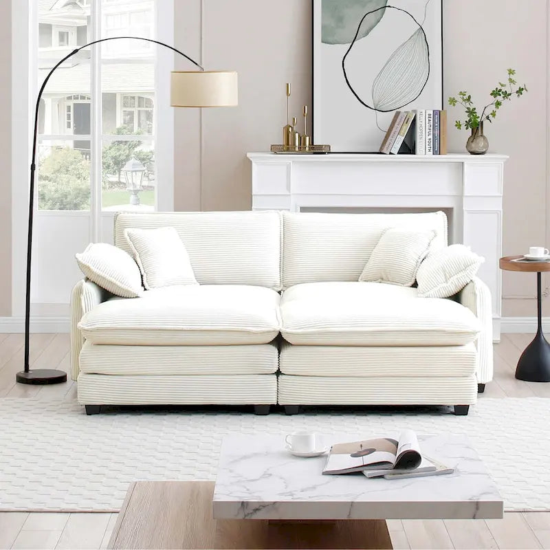 Beiges 4-teiliges modulares Cord-Schlafsofa mit 2 abnehmbaren Ottomanen und 4 Kissen, frei kombinierbar