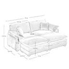 Beiges 4-teiliges modulares Cord-Schlafsofa mit 2 abnehmbaren Ottomanen und 4 Kissen, frei kombinierbar
